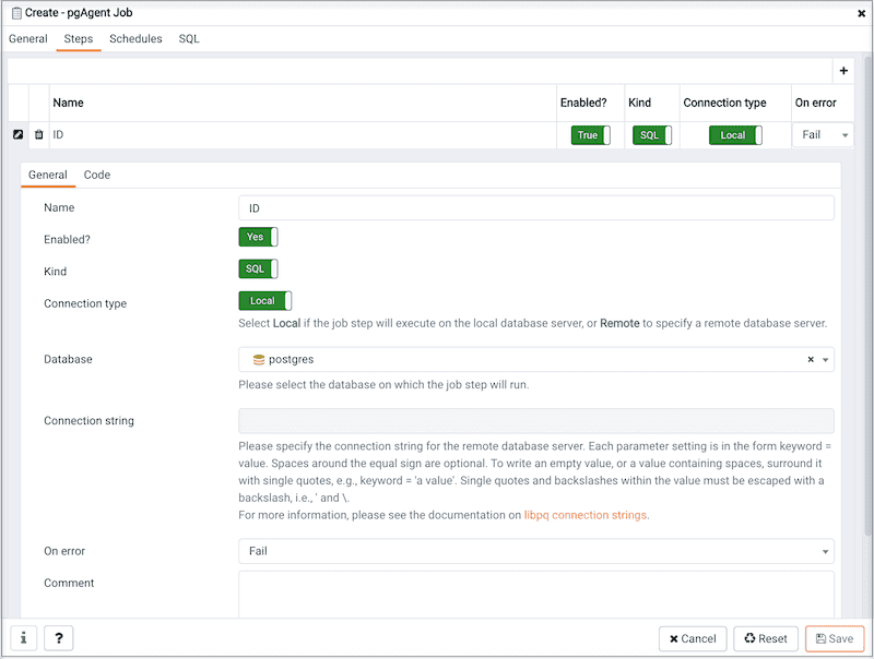Create pgAgent Job dialog - Steps tab - General tab